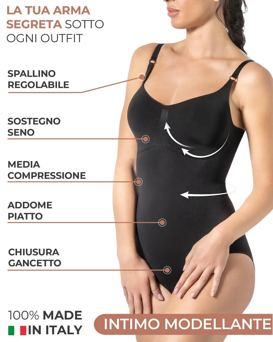 Risalti Body Contenitivo Modellante Donna Spallino Regolabile - Shapewear Bodysuit in Microfibra Seamless, Snellente per Vita Pancia Fianchi, Intimo Modellante - Made in Italy