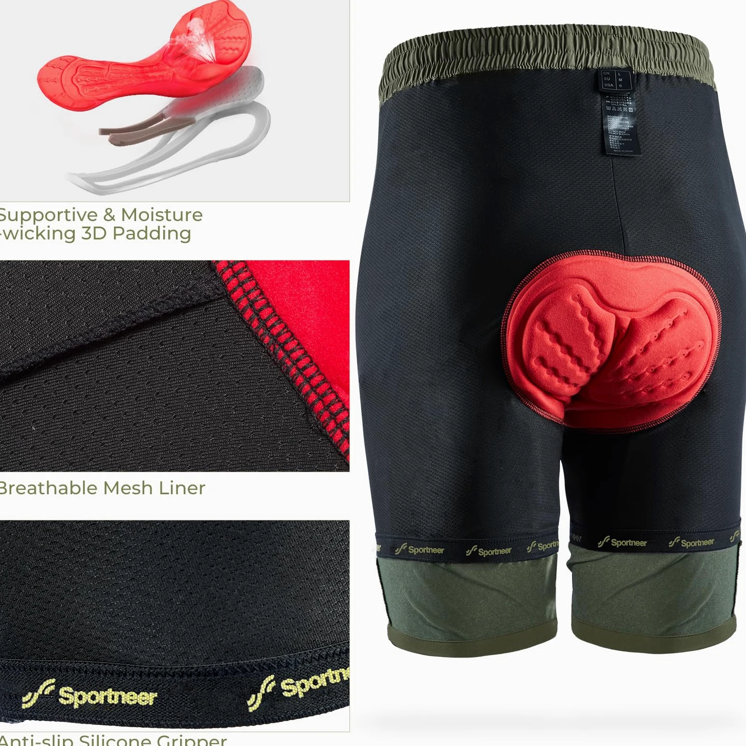 Sportneer Pantaloncini da MTB, Pantaloncini da Ciclismo da Uomo Imbottiti in 3D Pantaloni Traspiranti per Biciclette MTB Pantaloncini da Ciclismo per Esterno