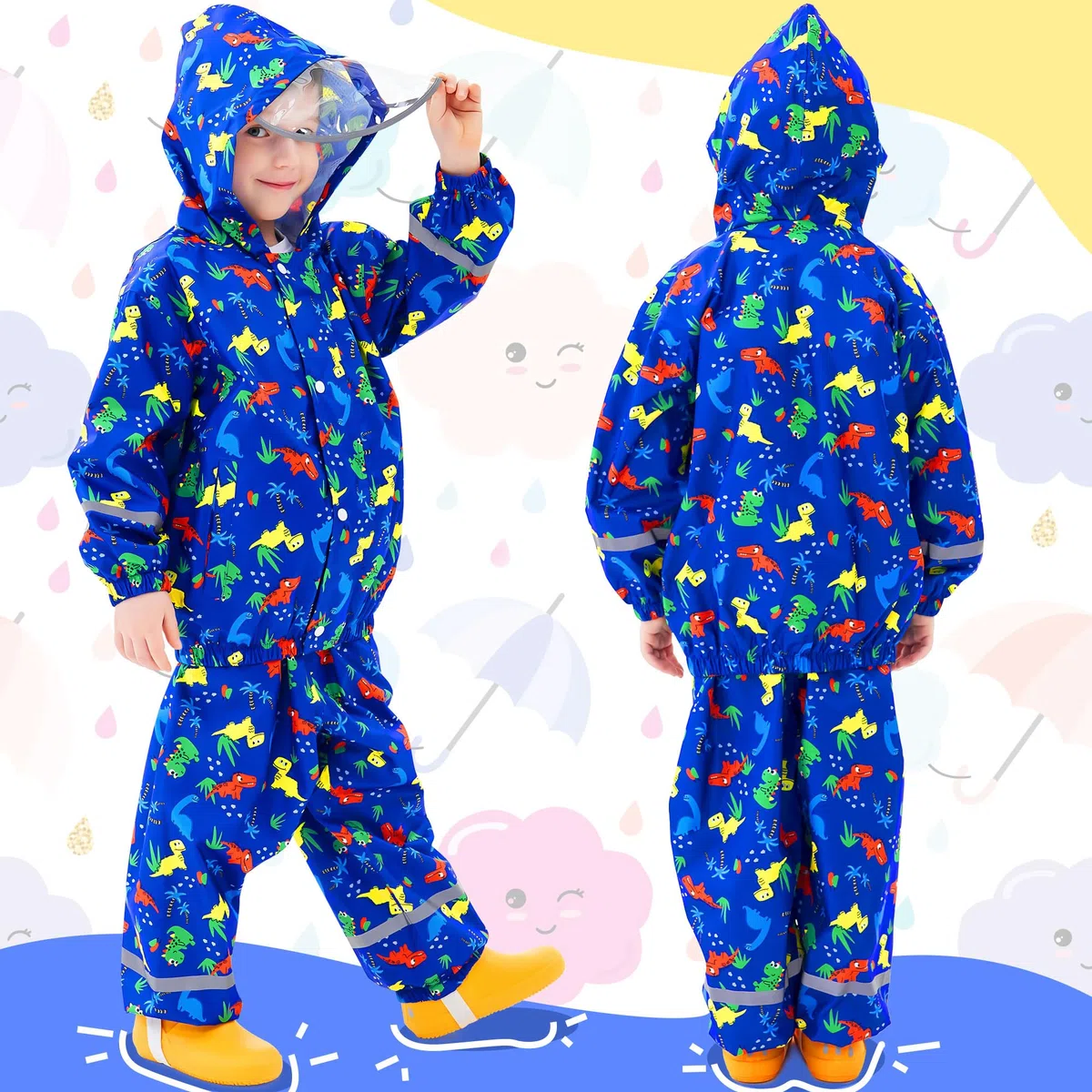 Tuta Impermeabile Bambino Bambina Giacca & Pantaloni Antipioggia Leggero Traspirante Tuta Pioggia Riflettente Completo Antipioggia con Cappuccio Ragazzi Ragazze 1-7 Anni, 86-122