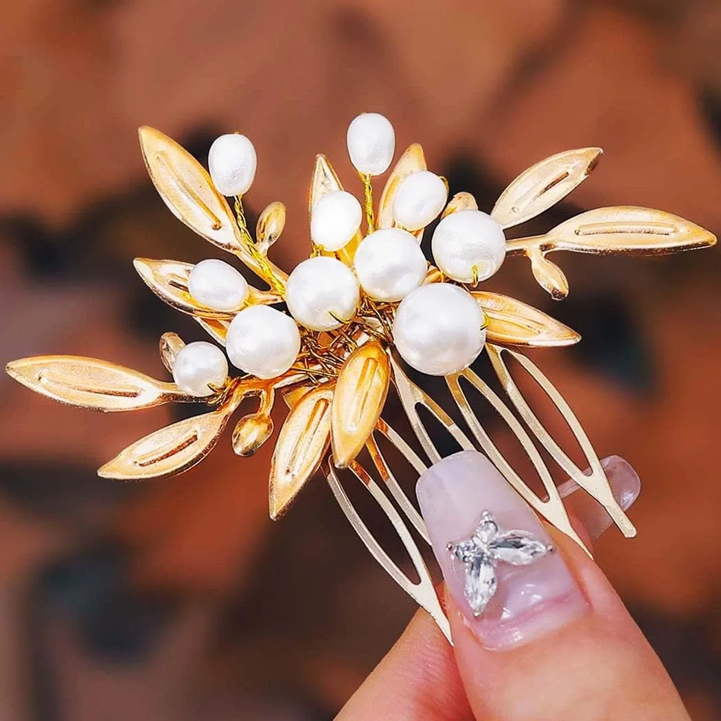 Reaky Pettini per capelli con perle e foglie d'oro per capelli da sposa