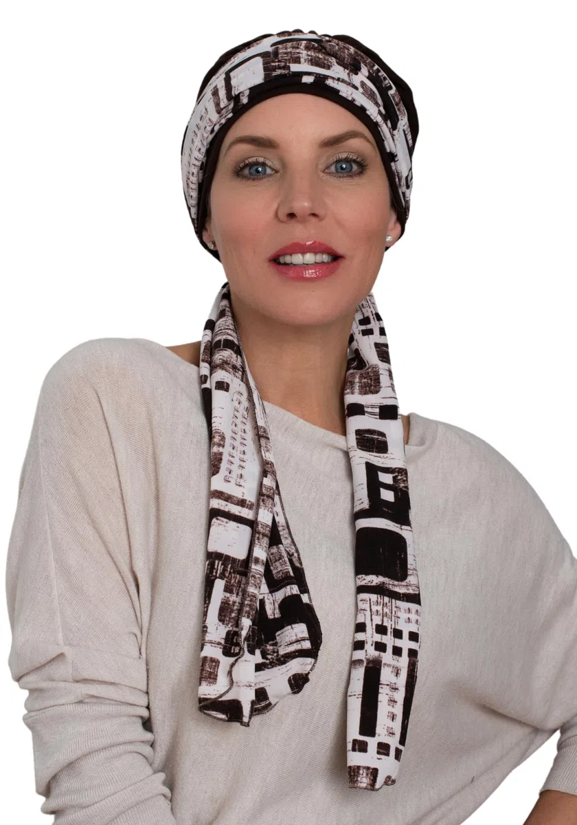 Deresina - Copricapo da donna in bambù con sciarpa attaccata, turbante, per perdita di capelli, morbido ed elegante