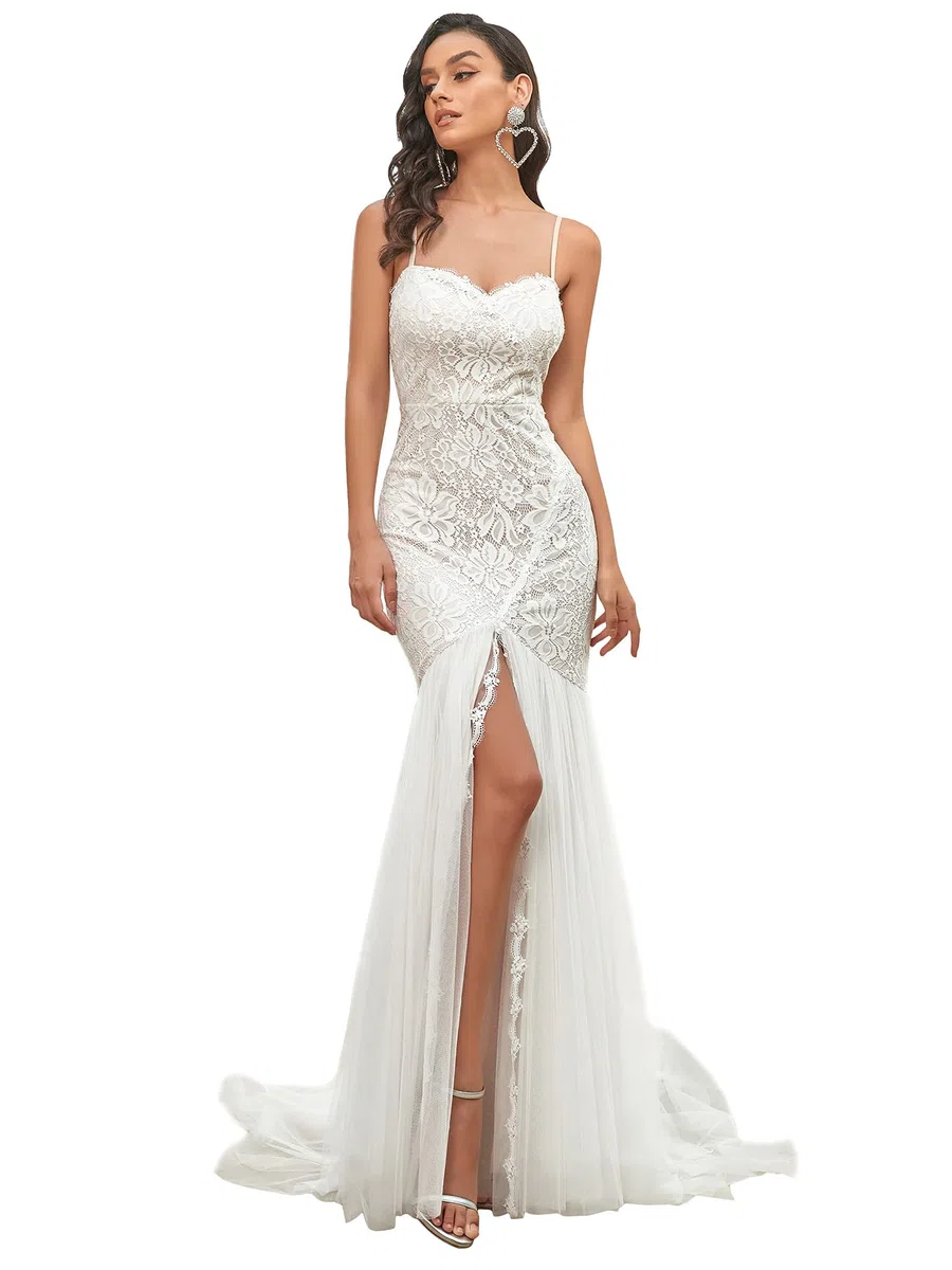 Ever-Pretty Vestito da Sposa Tracolla Regolabile Scollo a V in Tulle Bodycon Sirena Lunghezza del Piano da Donna con Cappella Treno EH90355