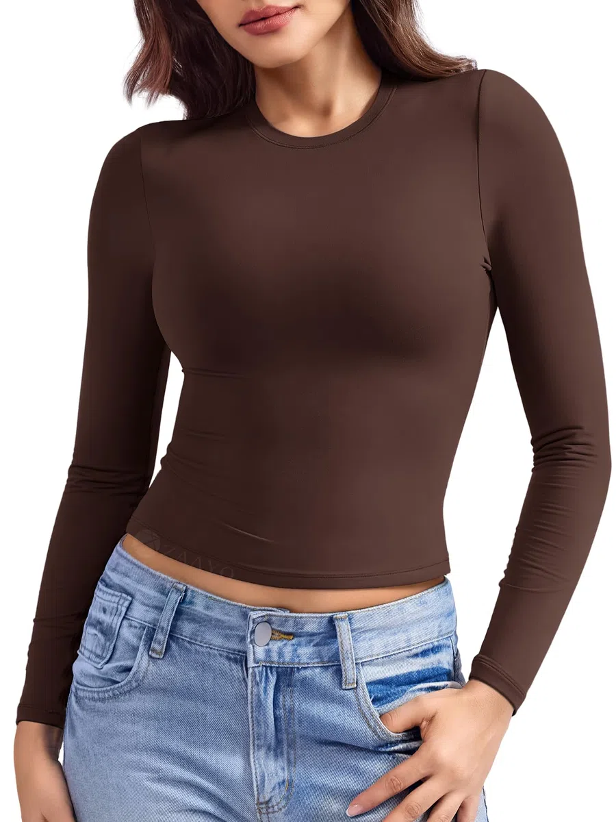 ZAAYO Maglia a maniche lunghe basic sportiva da donna, a compressione, a maniche lunghe