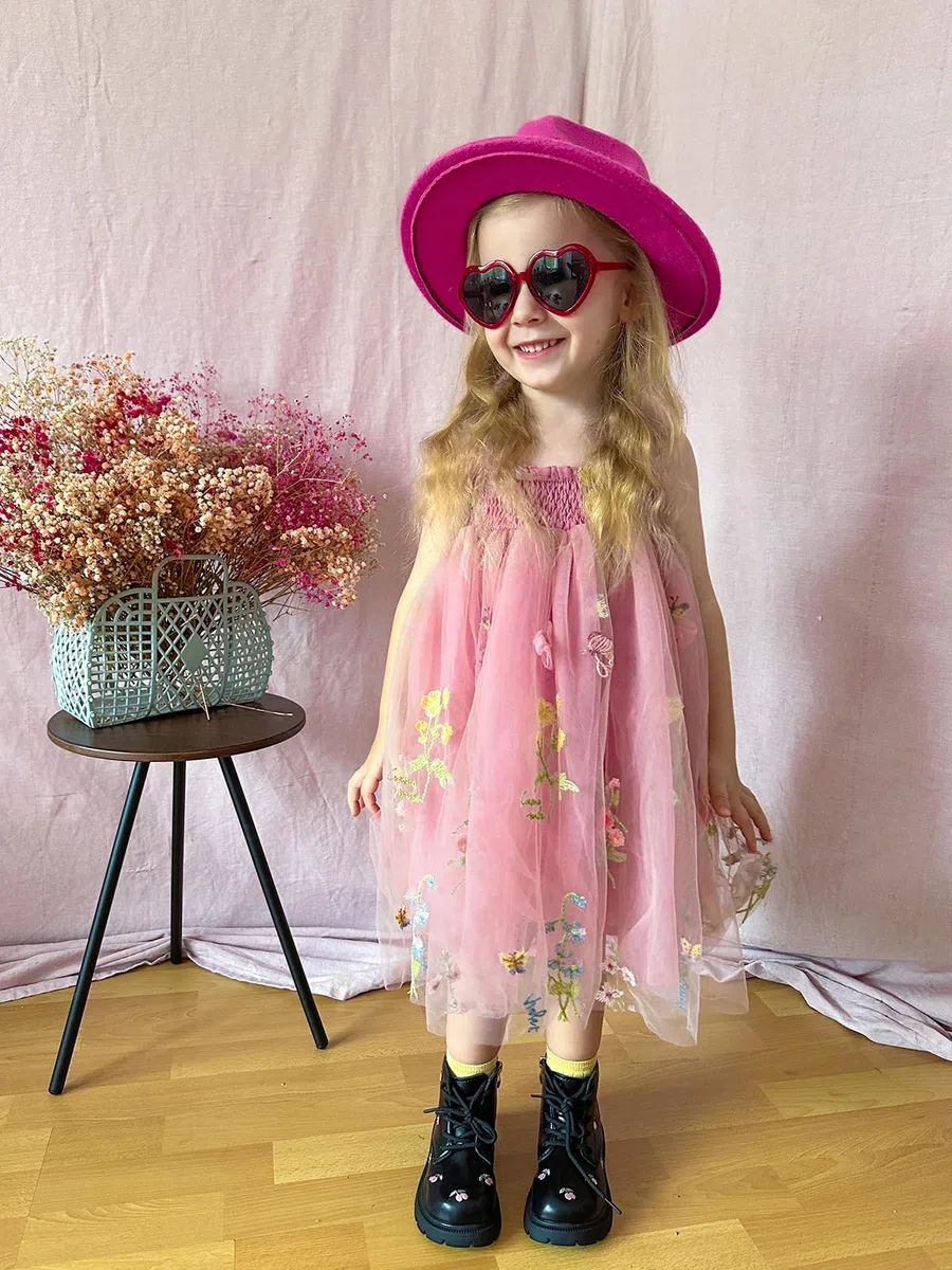 Miipat Vestito da Bambina Tulle Farfalla Bambino Ragazze Abitini Estate Senza Maniche Ricamo Floreale Principessa Abiti Festa di Nozze Abito di Compleanno per Ragazza