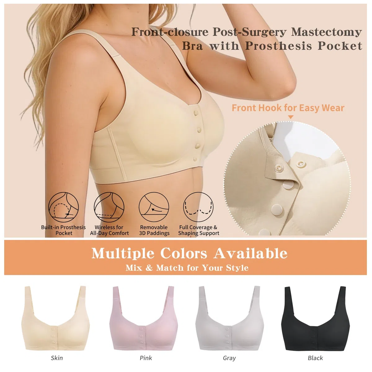 Lervanla Reggiseno per mastectomia post intervento chirurgico con tasche, chiusura frontale senza ferretto per forme del seno, spalline regolabili senza cuciture, reggiseno morbido comodo per tutti i