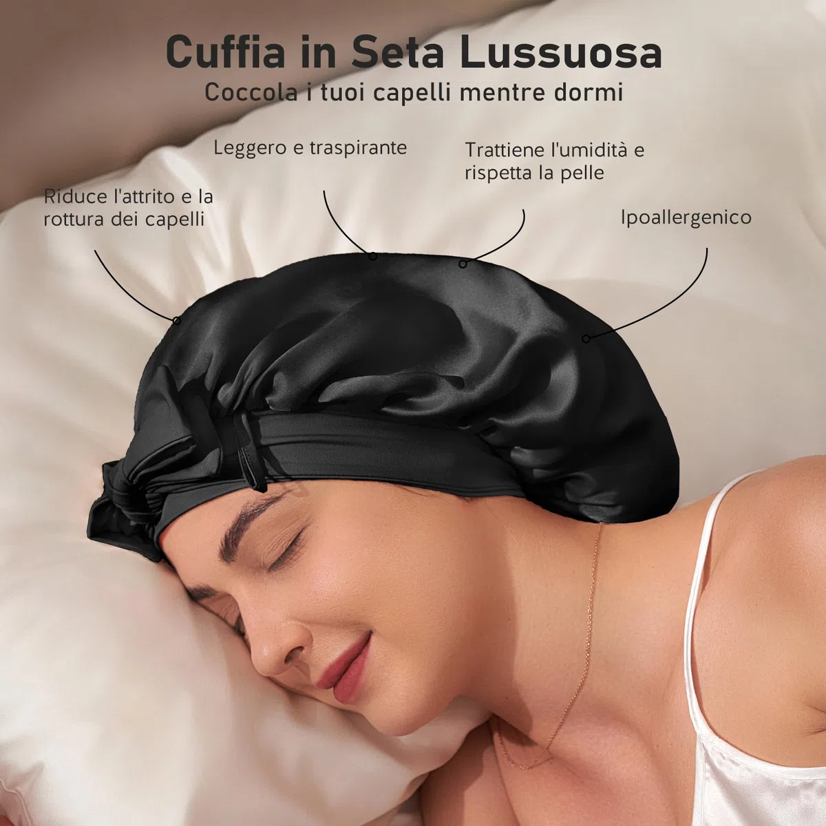 LitBear Cuffia da Notte per Donna in Seta di Gelso 100%, 6A 22 Momme, per Capelli Ricci e Lunghi, Doppio Strato con Fascia Regolabile, Elastico Incluso