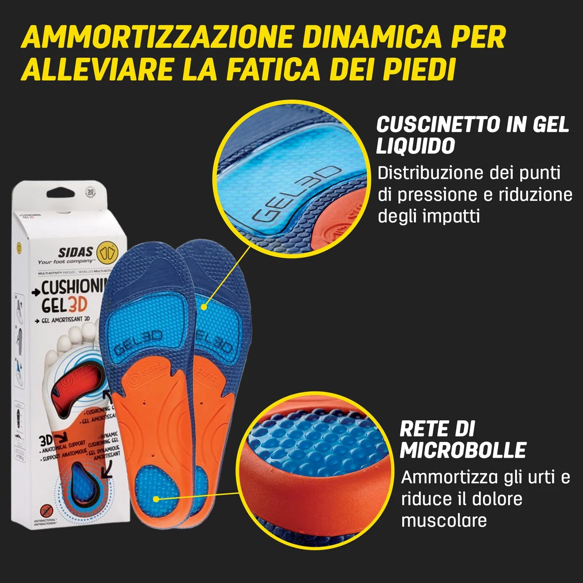 Sidas soletto Cushioning Gel 3D, Forma 3D Anatomica