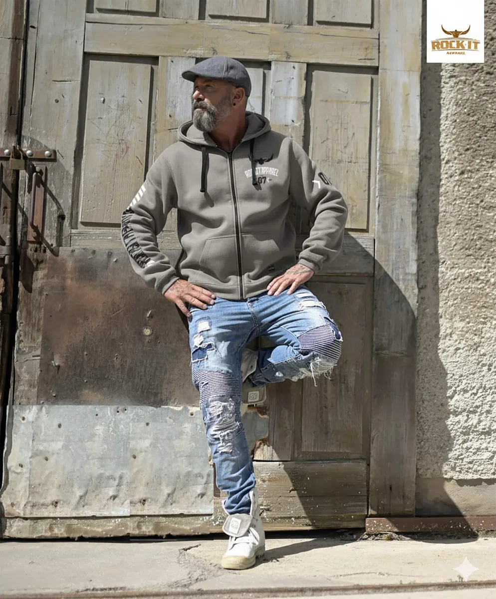 ROCK-IT Apparel® Giacca con Cappuccio da Uomo Hoodie Racer 07" Giacca di Felpa Felpa con Cappuccio Pesante Hoody Pullover S-5XL Ziphood con Zip con Cappuccio e Interno in Pile Grigio e Blu Navy