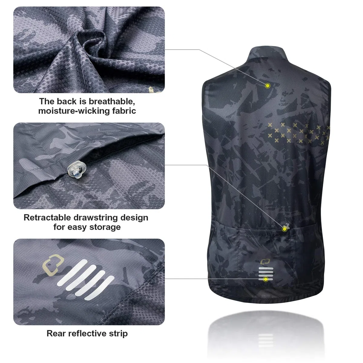 CATENA Gilet da ciclismo antivento da uomo Gilet da ciclismo leggero e traspirante Gilet da ciclismo senza maniche per la corsa, la corsa, gli sport all'aria aperta
