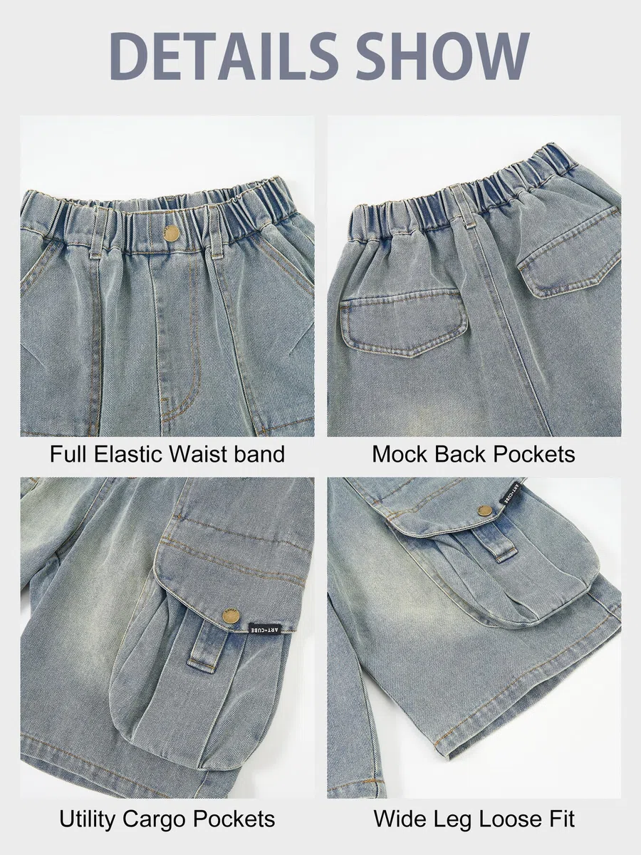Rolanko Pantaloncini di Jeans Larghi per Ragazzi, Vita Elastica Gambe Larghe Shorts Denim Estivi al Ginocchio