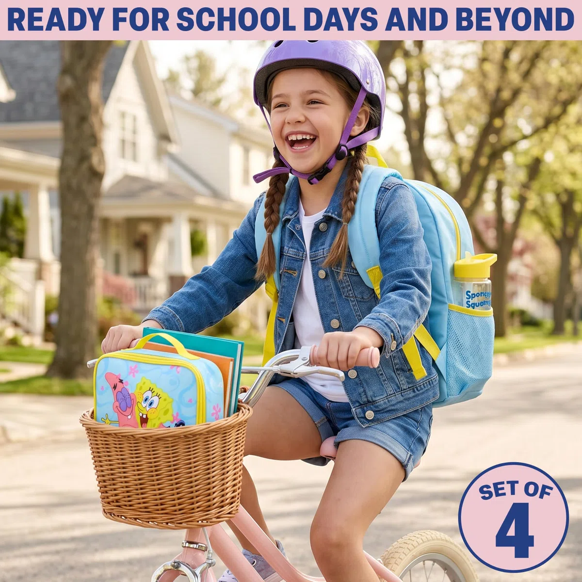 Get Trend SpongeBob Zaino Ragazza Set, 4 Pc con Zaino Scuola, Borsa Termica Porta Pranzo, Borraccia con Cannuccia e Astuccio, Regalo Bambina (Azzurro/Giallo SpongeBob)