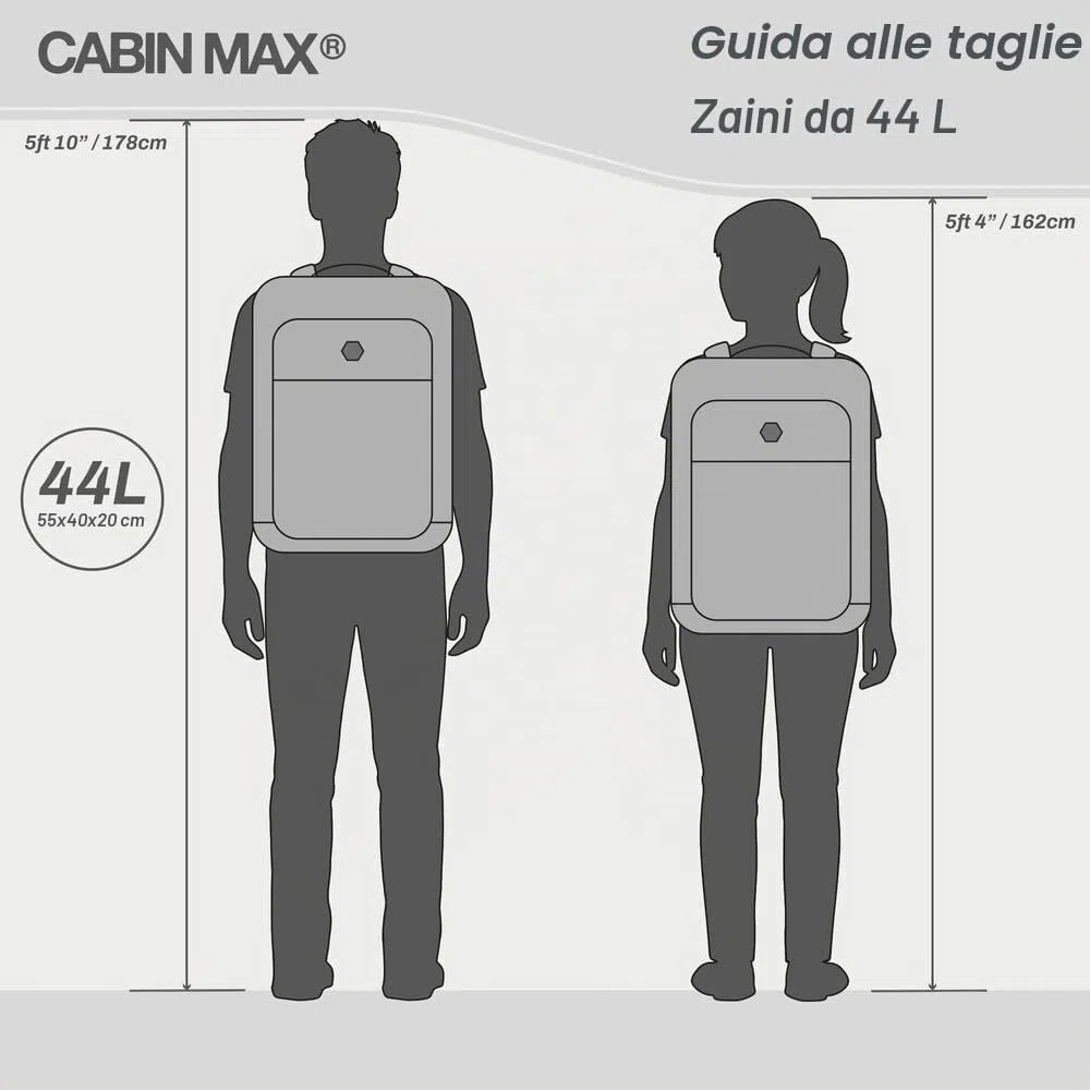 Cabin Max Metz 55x40x20 Zaino da Viaggio Aereo Bagaglio a Mano, Zaini Viaggio, Zaino Aereo - Borsa Per Easyjet, Ryanair, Vueling, WizzAir, Volotea (44L Poliestere Riciclato)