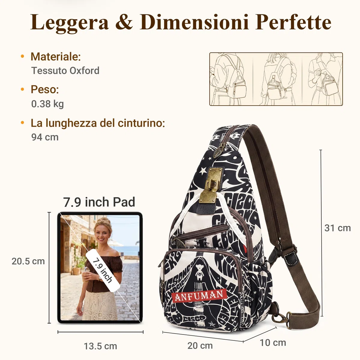 Retrò Zaino Piccolo Donna Quotidiano Casuale Antifurto Moda Borsa Da Petto Viaggi Lavoro Shopping Borse A Tracolla Stampato Messenger Borsa A Spalla Nylon Zaini Borsetta Nero B