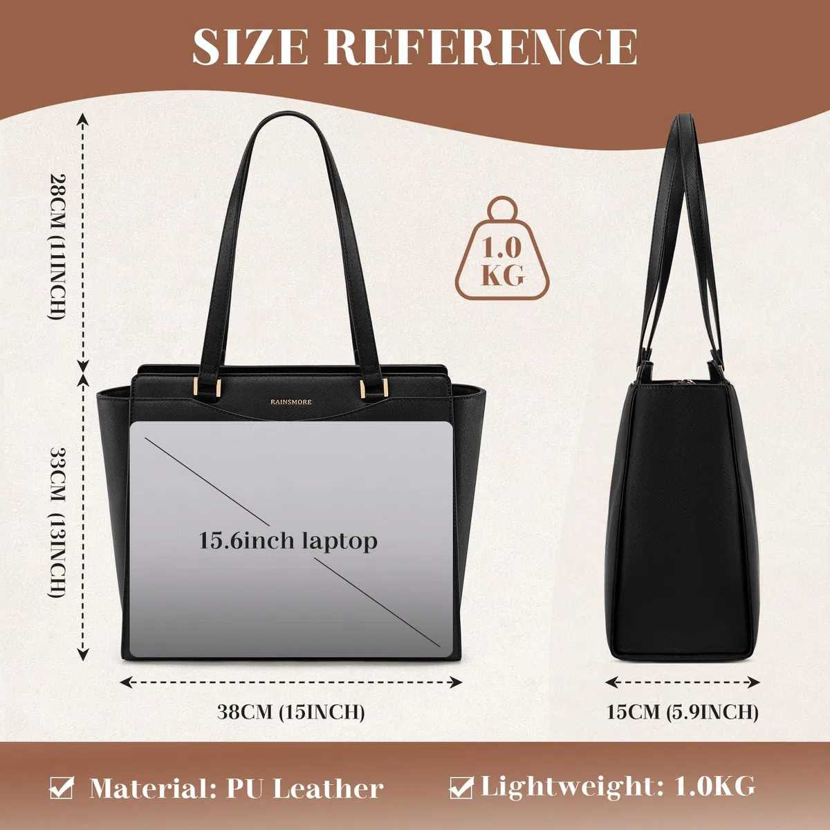 RAINSMORE Borsa Donna Grande Borsa Università Impermeabile Shopper Tote Pelle PU Borse da Lavoro con 14 Pollici Laptop Borse a Tracolla con Tasca Interna Cerniera Shopping Viaggi Scuola Ufficio
