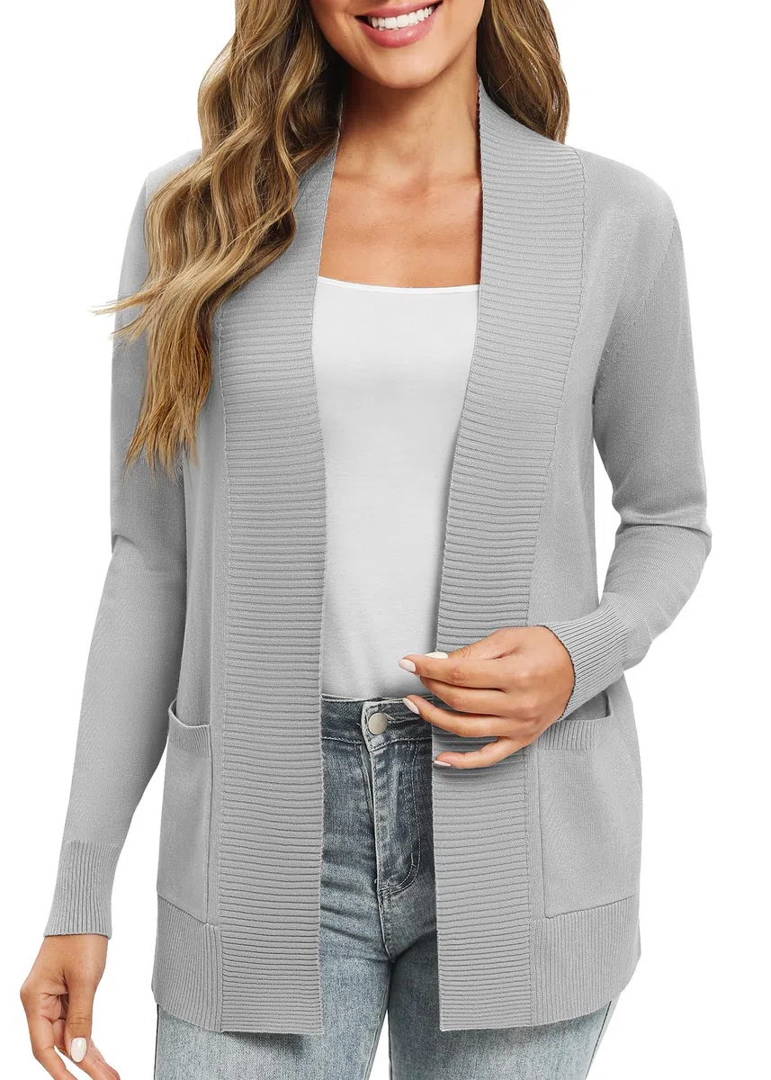EXCHIC Donna Casuale Manica Lunga Lavorare a Maglia Cardigan Leggero Comodo Fronte Aperto Maglioni Lunghi con Tasche