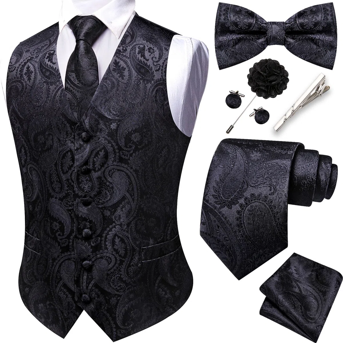 Barry.Wang Gilet da uomo con motivo cachemire formale, cravatta, papillon, clip jacquard, gemelli da bavero, spilla da matrimonio, 8 pezzi