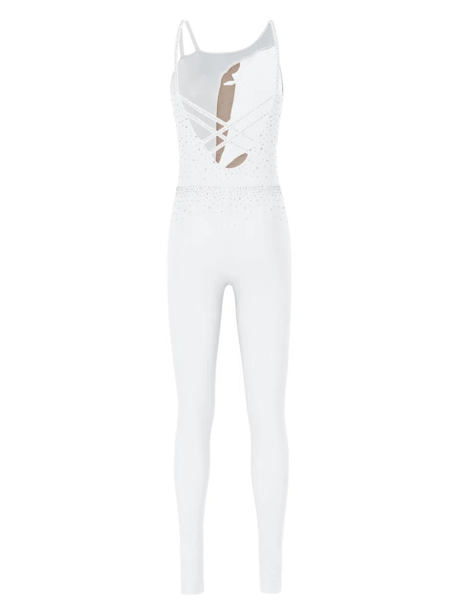 Donna Tuta Intera da Ginnastica Artistica Strass Body Danza Classica Balletto Leotards Senza Manica Jumpsuit Abito da Pattinaggio Artistico