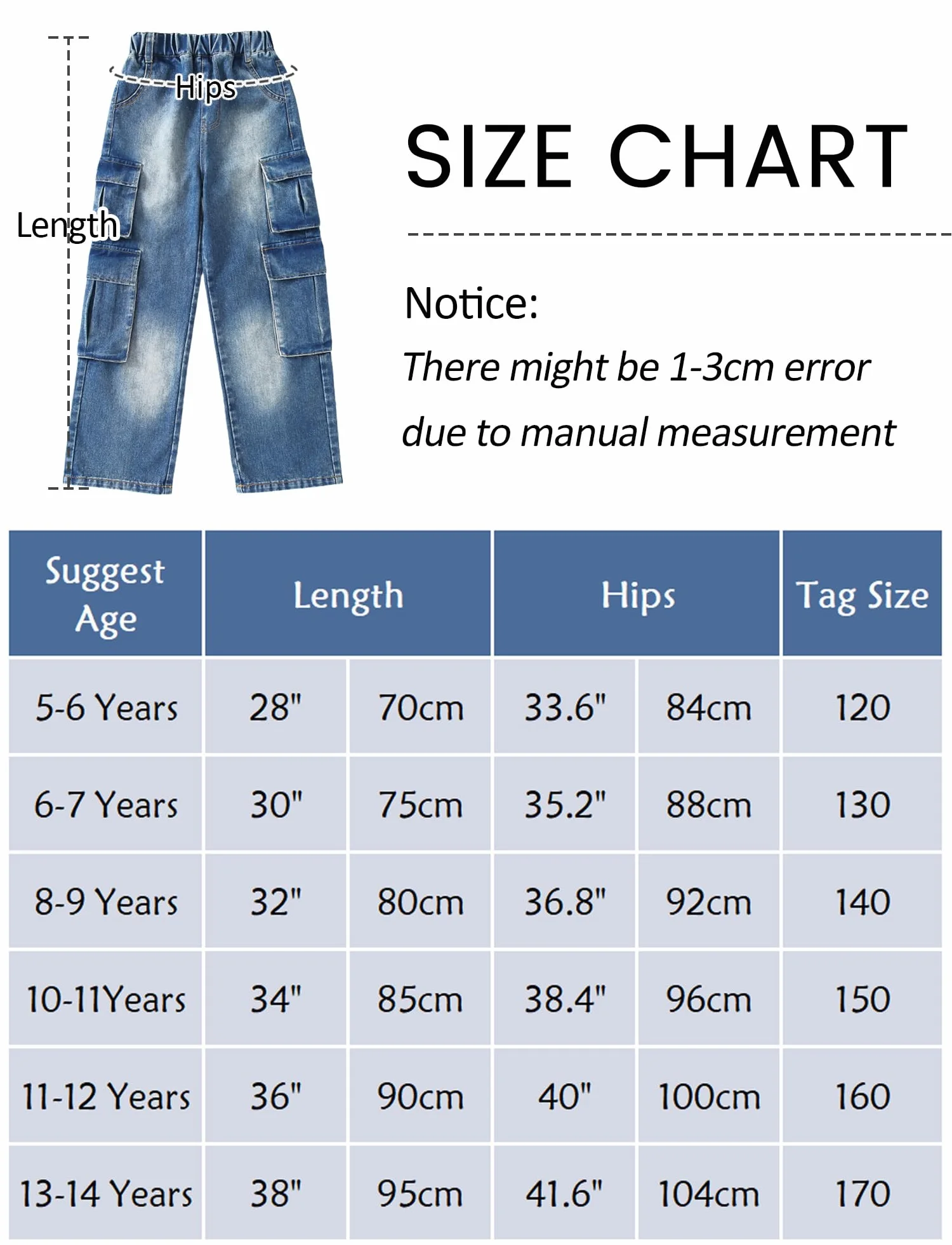 SEAUR Jeans da ragazza Baggy Cargo Multi Tasche Pantaloni cargo Y2K Hip Hop Streetwear per il tempo libero per bambini Jeans elastico in vita – 120 – 170 = (EU 110 – 164)