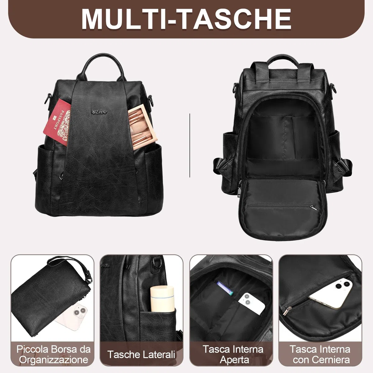Eshow Zaino Donna Antifurto e Pochette Donna, Zainetto Impermeabile in Pelle Vegana, Borsa Casual ed Moda per Viaggio Scuola Lavoro Shopping e Università