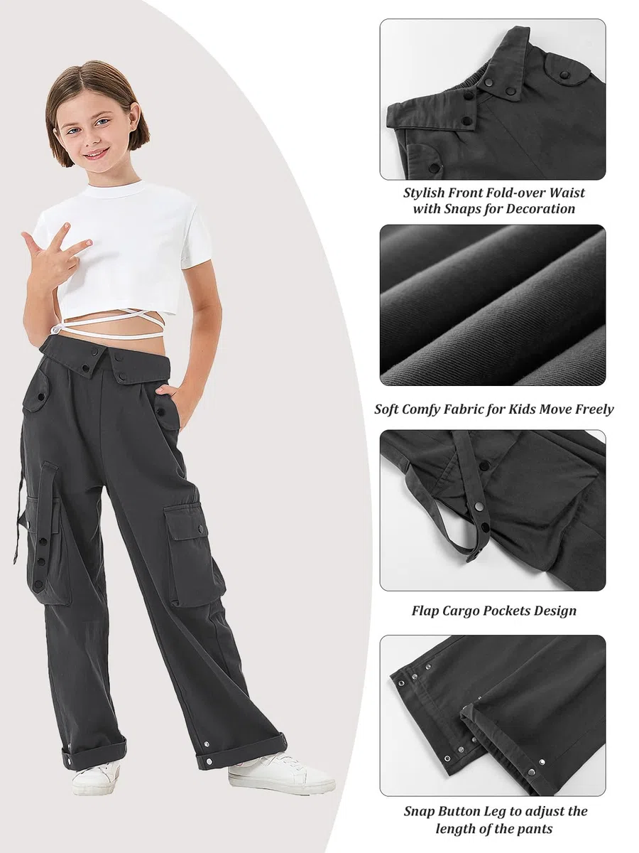 Rolanko Ragazze Pantaloni Cargo, Vita Alta Elastica con Tasche Multiple e Pantaloni a Gamba Larga per Bambini