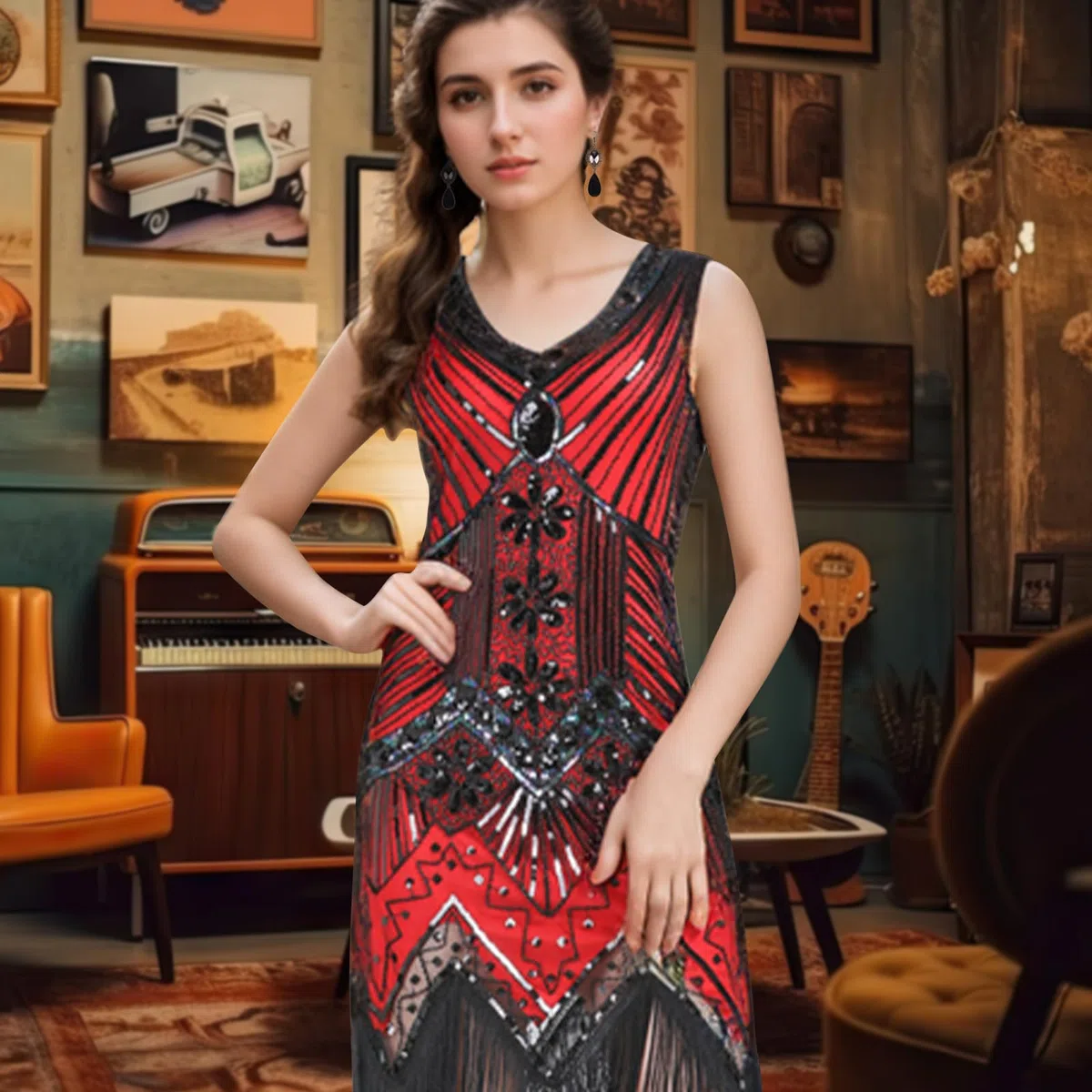 ELECLAND Abito con frange con paillettes con scollo a V anni '20 e set di accessori anni '20