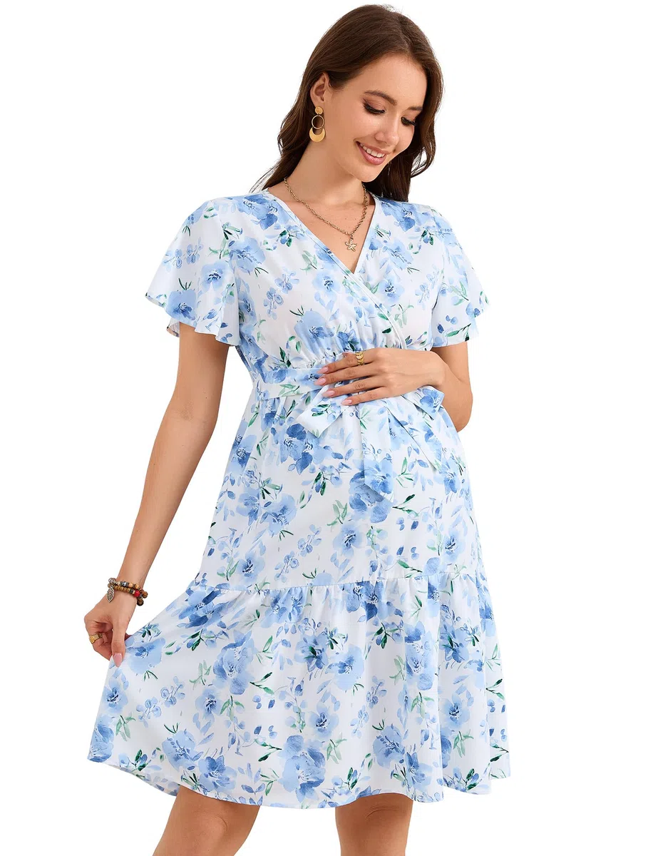 Yesfashion Abito premaman estivo da donna, con scollo a V, a maniche corte, elegante, per gravidanza, con cintura (confezione multipla)