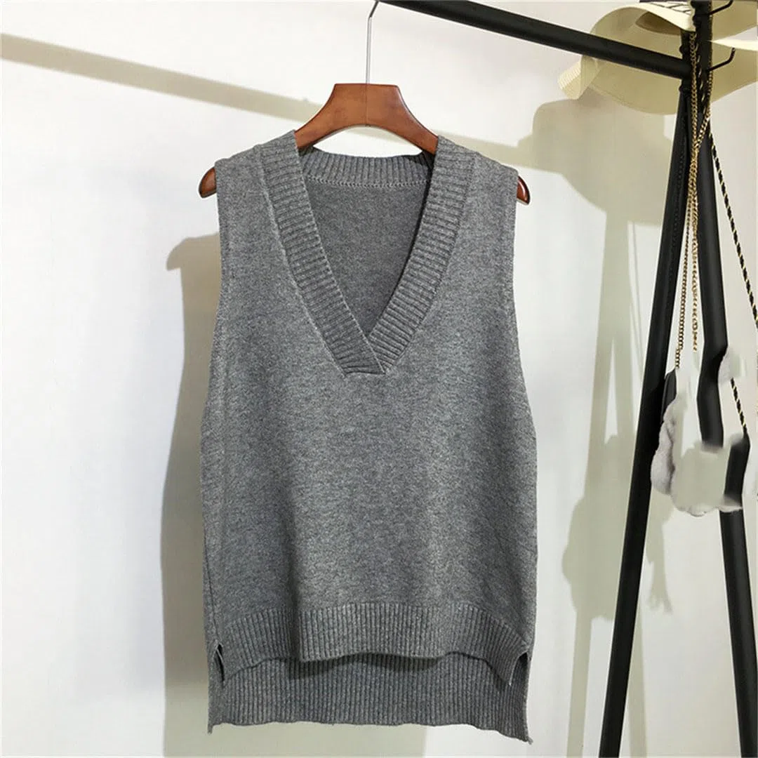 Maglione da donna semplice con scollo a V retrò gilet lavorato a maglia maglione sciolto senza maniche camicia di fondo pullover gilet casual