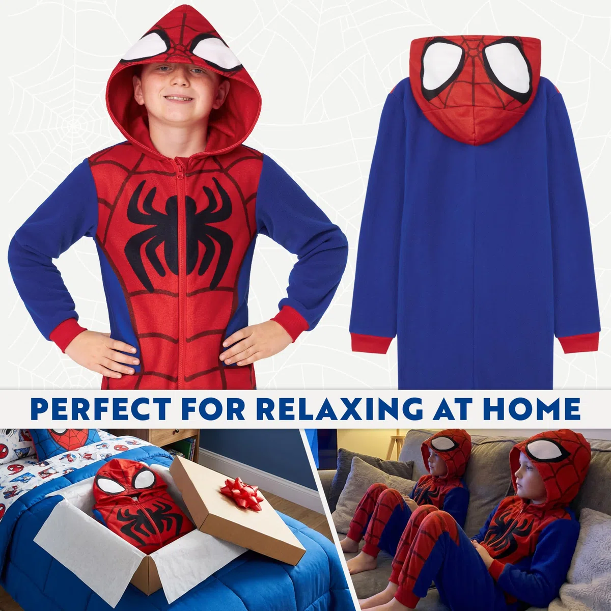 Marvel Spiderman Tuta Intera Bambino, Todo en Uno Pigiama Pile, Incappucciato Abbigliamento da Casa, Regalo Ragazzo