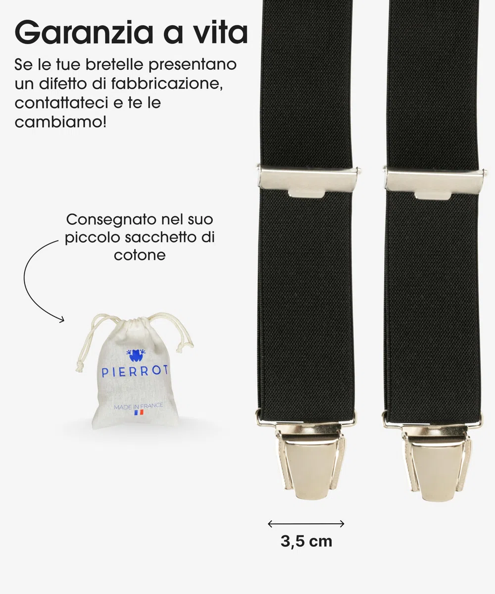 Pierrot Bretelle Uomo Larghe Vintage - Clip molto forti Regolabili Fino A 130cm - Bretelle Uomo Eleganti Artigianali Garantite A Vita