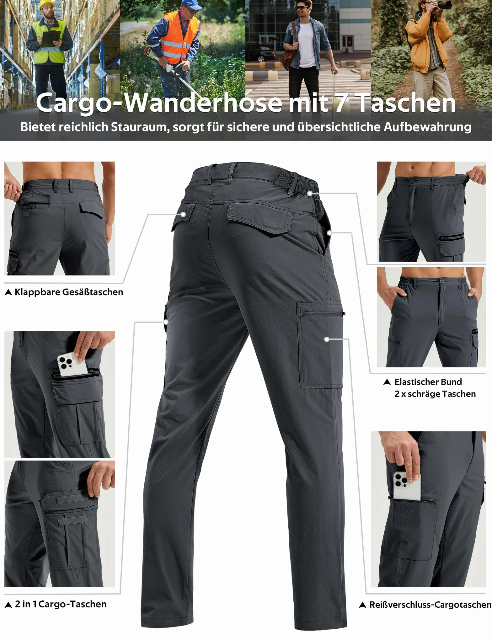 MOURCE Pantaloni da trekking da uomo, leggeri, ad asciugatura rapida, impermeabili, con 7 tasche, per campeggio, pesca, attività all'aperto