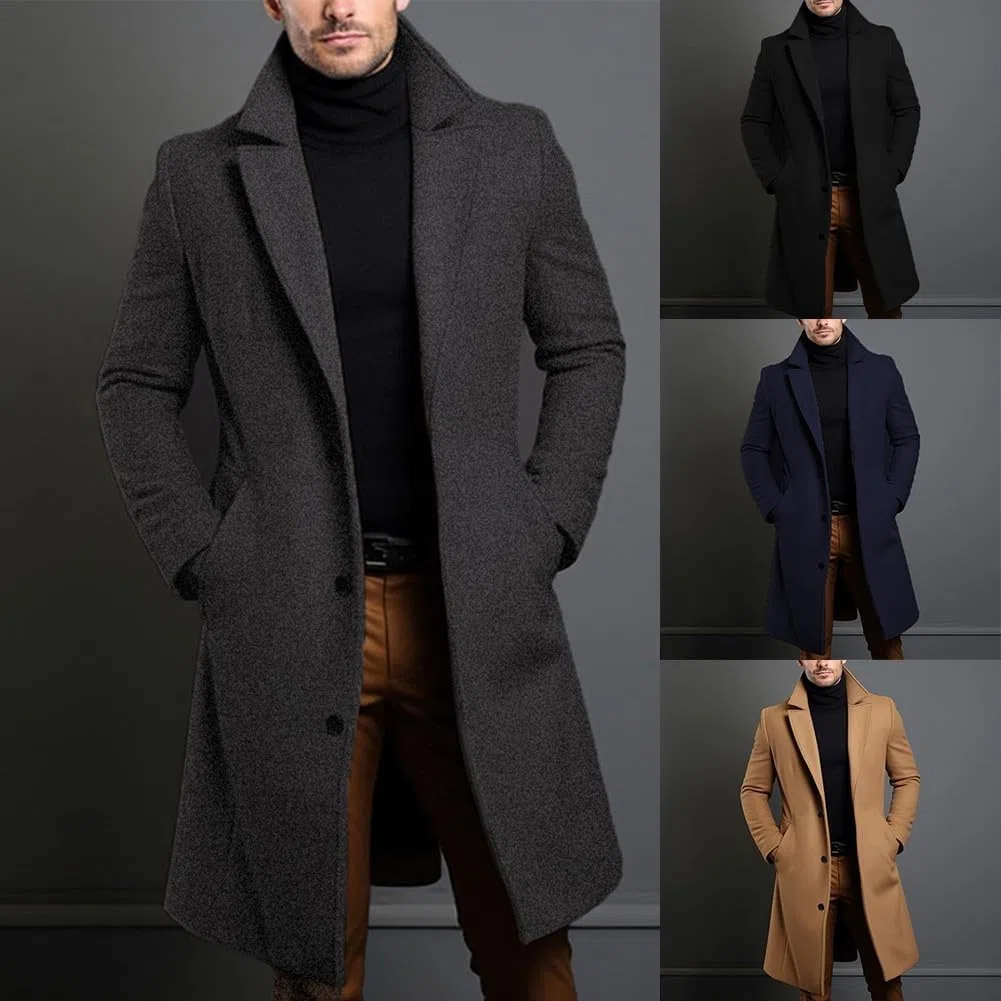 Cappotto da uomo nero di lusso, soprabito lungo e caldo a petto singolo (S Grigio scuro)