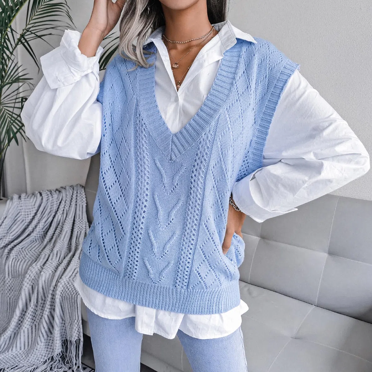 FEOYA Gilet con Scollo a V da Donna Ragazza Maglione Lavorato Senza Maniche Allentato Pullover Smanicato in Maglia Caldo Casual Vintage Chic Carino Inverno Autunno Primaverile Scolastico Natale S-XXL
