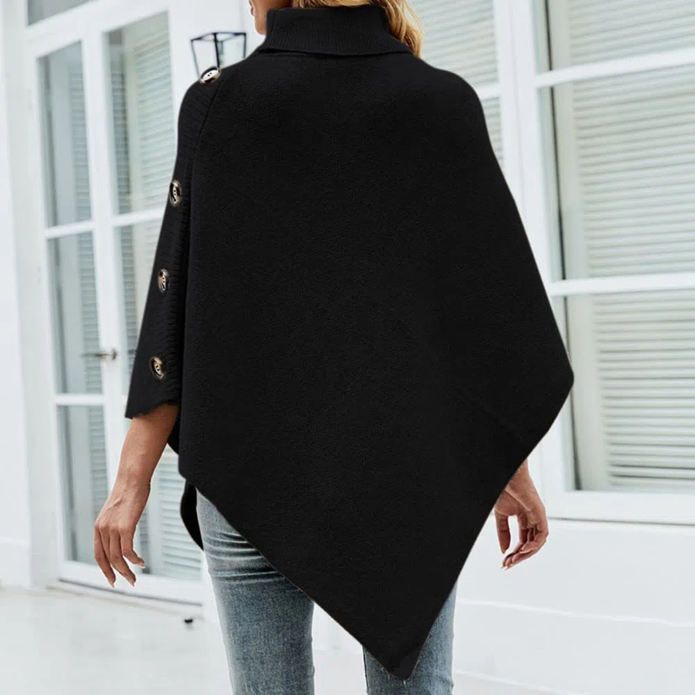 JFAN Maglia Donna Invernale Poncho a Collo Alto Quattro Bottoni Elegante