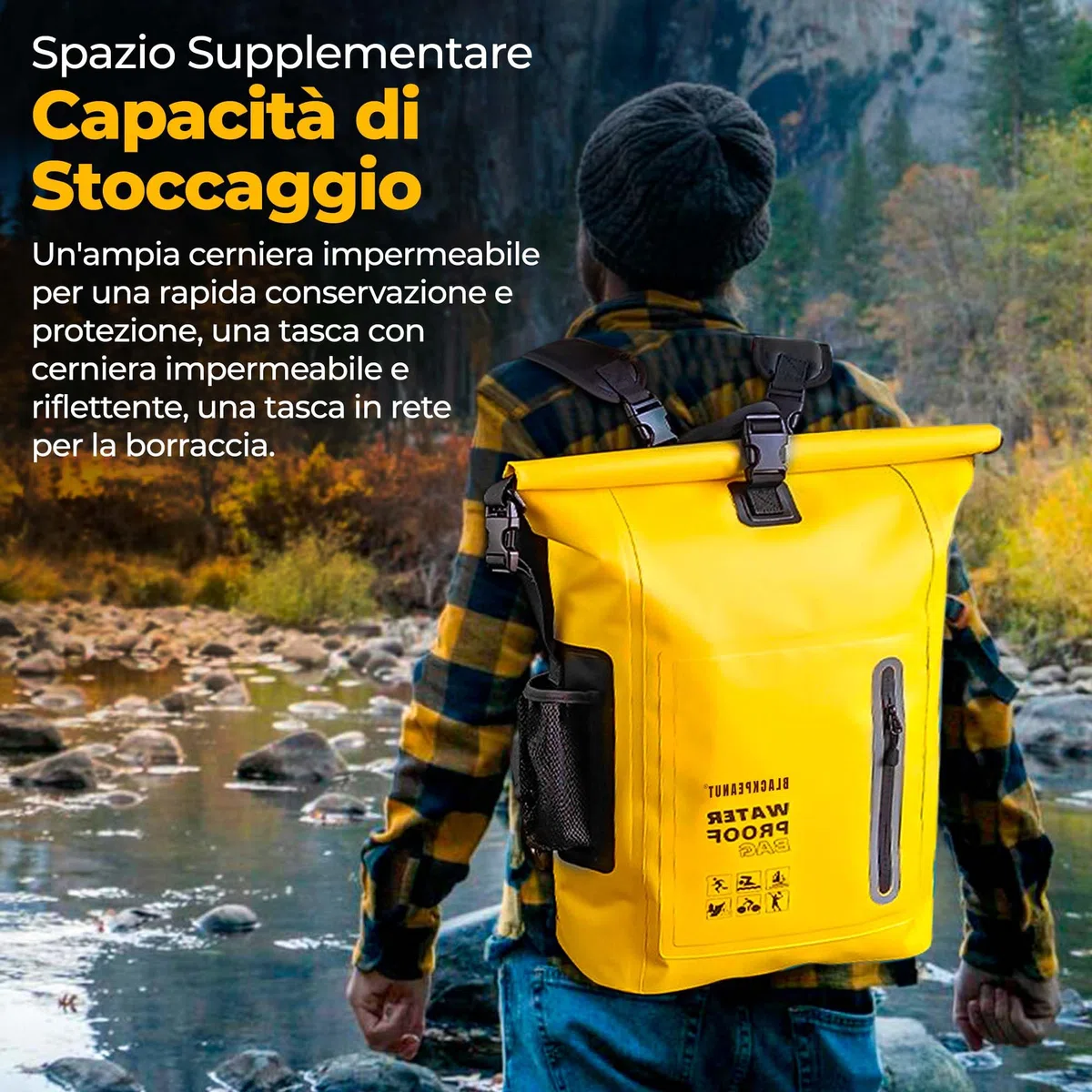Zaino impermeabile da 25 litri, borsa impermeabile confortevole, borsa impermeabile con tasca esterna per bottiglia d'acqua, ideale per attività acquatiche e all'aperto