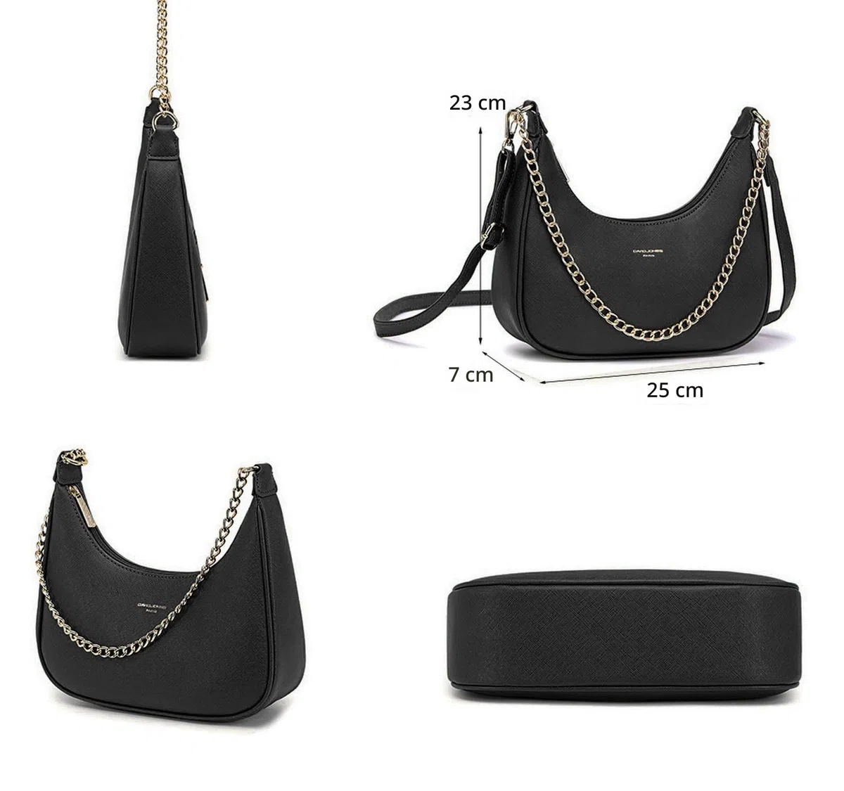 David Jones - Borsa a Spalla Donna - Borsa a Tracolla Catena Simil Pelle PU Rigida - Borsa a Mano Piccola Mezzaluna - Borsetta Pochette Borsello Hobo Clutch Sera Crossbody Bag Tendenza - Nero