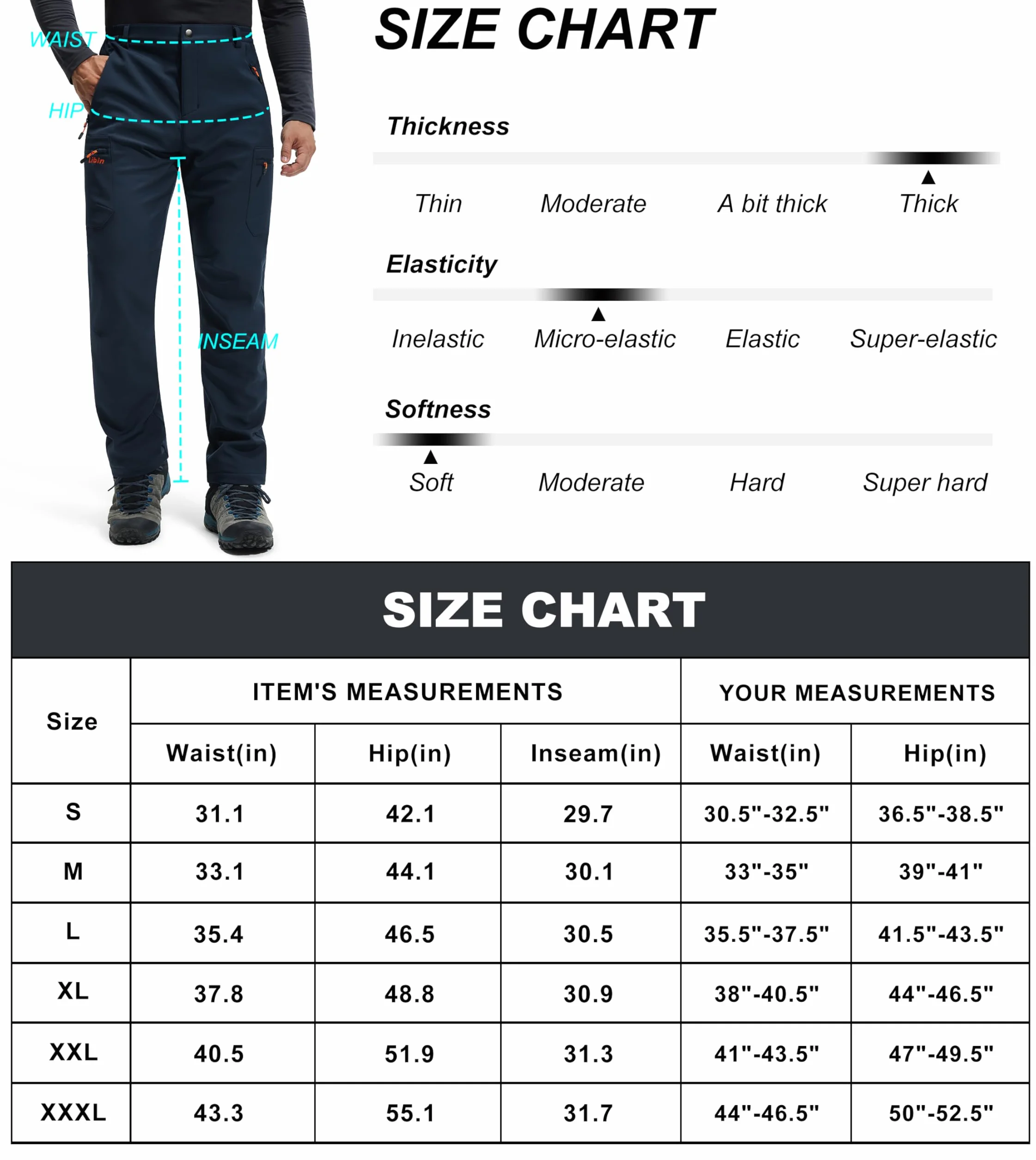 Libin Pantaloni da Neve Uomo Softshell Trekking Impermeabile Invernali Escursionismo Pantaloni Tasca con Cerniera, Navy Blu XXXL