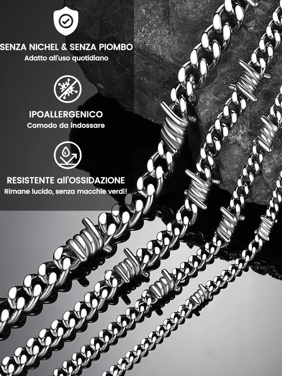 Bestyle Collana da uomo in filo spinato catena a maglia barbazzale spine in acciaio inox Hip-Hop Punk gotico gioielli cubani catena di estensione da uomo