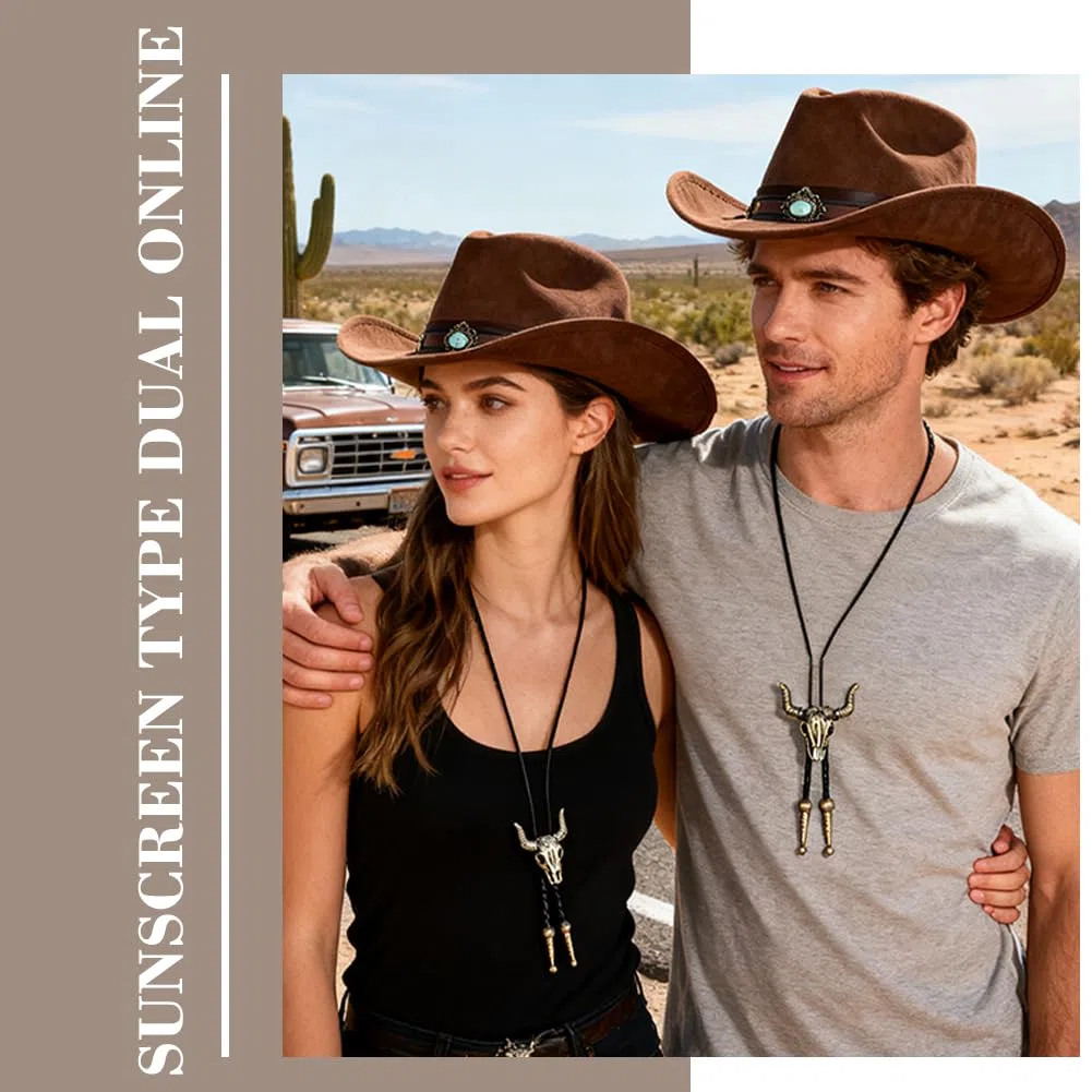 Cappello da Cowboy Western con dettagli turchesi e testa di toro, cravatta in pelle e fascia per cappello inclusi, accessorio per Carnevale, Halloween e feste a tema Western, regalo