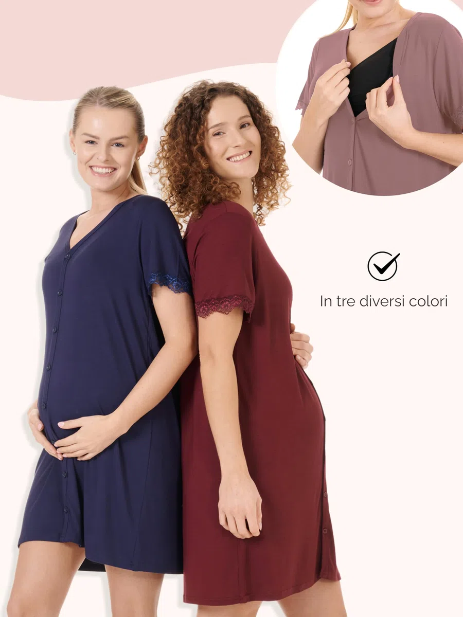 Herzmutter Camicia da Notte premanan - per Allattamento - Bottoni Davanti - Camicie da Notte Post-Parto - Ospedale-Gravidanza - Manica Corta-Pizzo - 2850