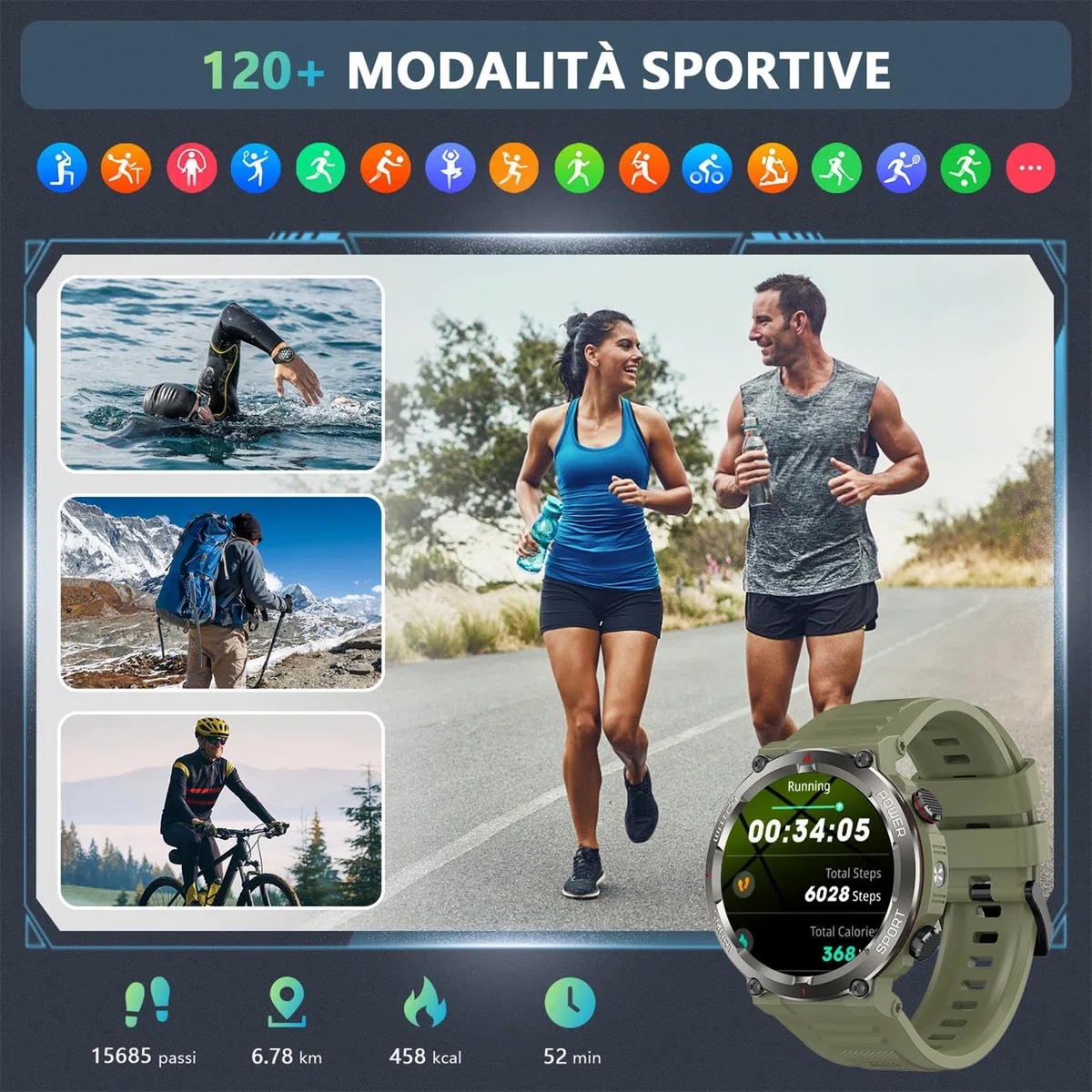 Smartwatch Uomo con Effettua o Risposta, 1.45" HD Orologio con 100Giorni StandbyBatteria/LED Torcia/Bussola, 24/7 Monitoraggio Salute (Frequenza Cardiaca/Sonno/SpO2) per Android iOS（Verde）