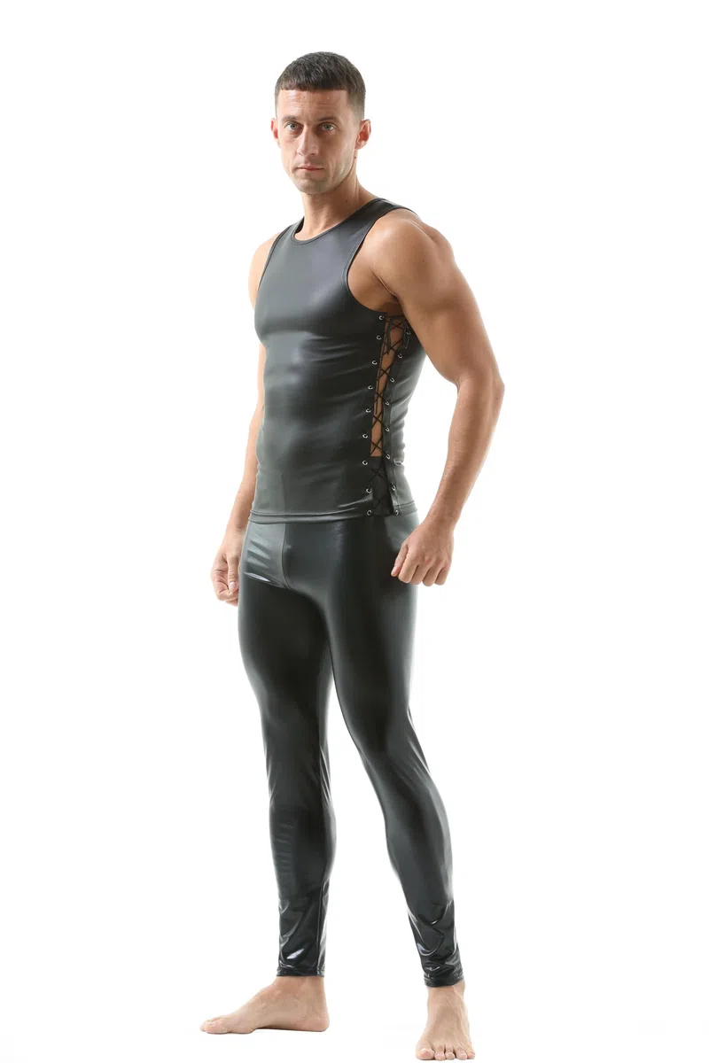 QiaTi Pantaloni lunghi da uomo in pelle sintetica, pantaloni stretti, leggings da uomo, pantaloni lunghi in poliuretano, skinny slim