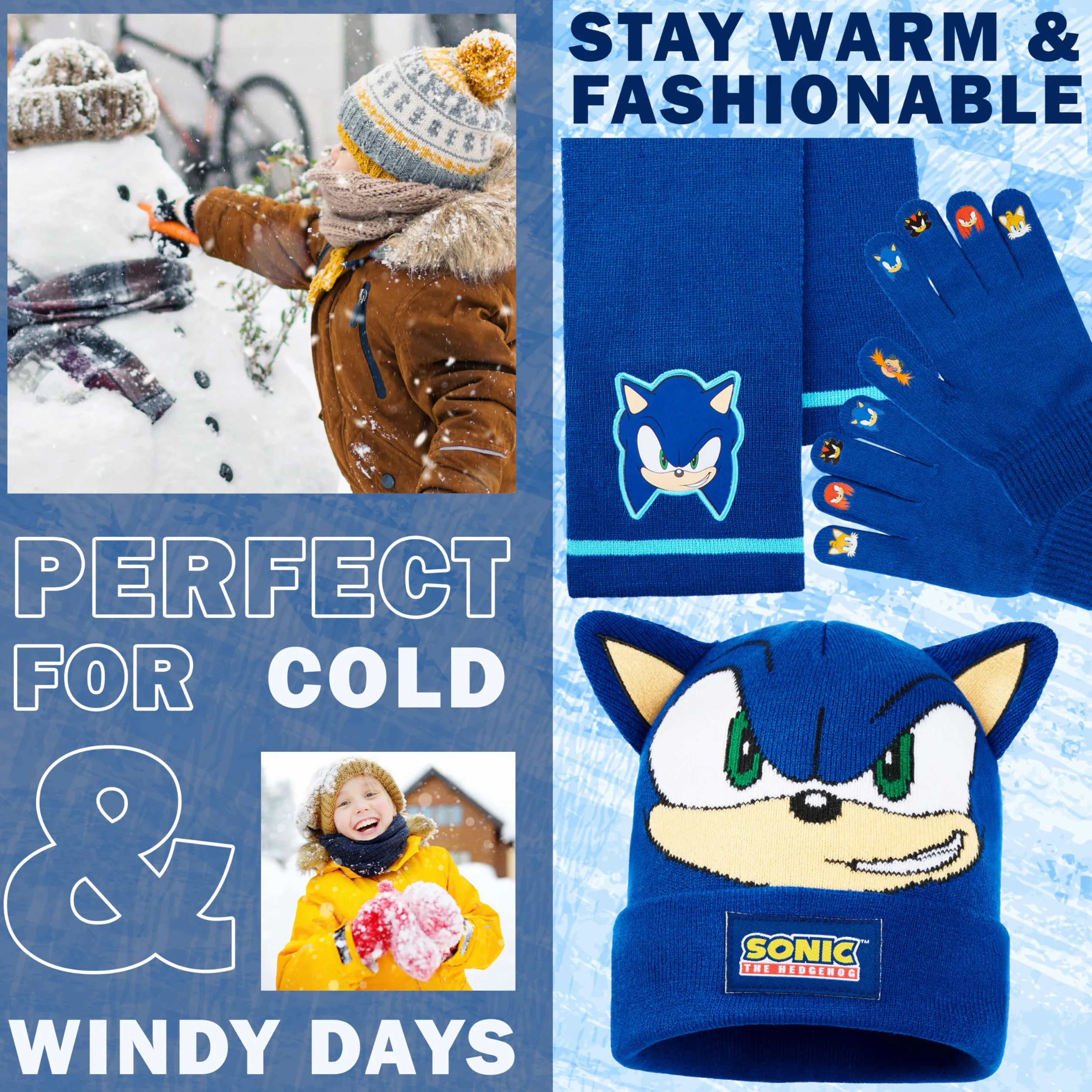 Get Trend SONIC THE HEDGEHOG Set Guanti Cappello e Sciarpa Bambini, 3 Pz Morbido Accessori Invernali Ragazzo, Regalo Gamer
