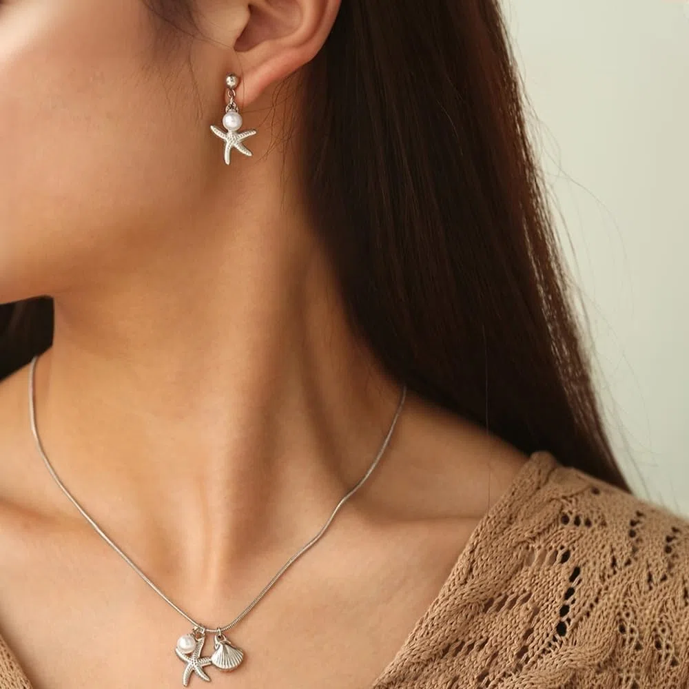 Set Gioielli Stella Marina Conchiglia Perla Collana Orecchini Parure Acciaio Inossidabile Ciondolo Marino Catena Serpente