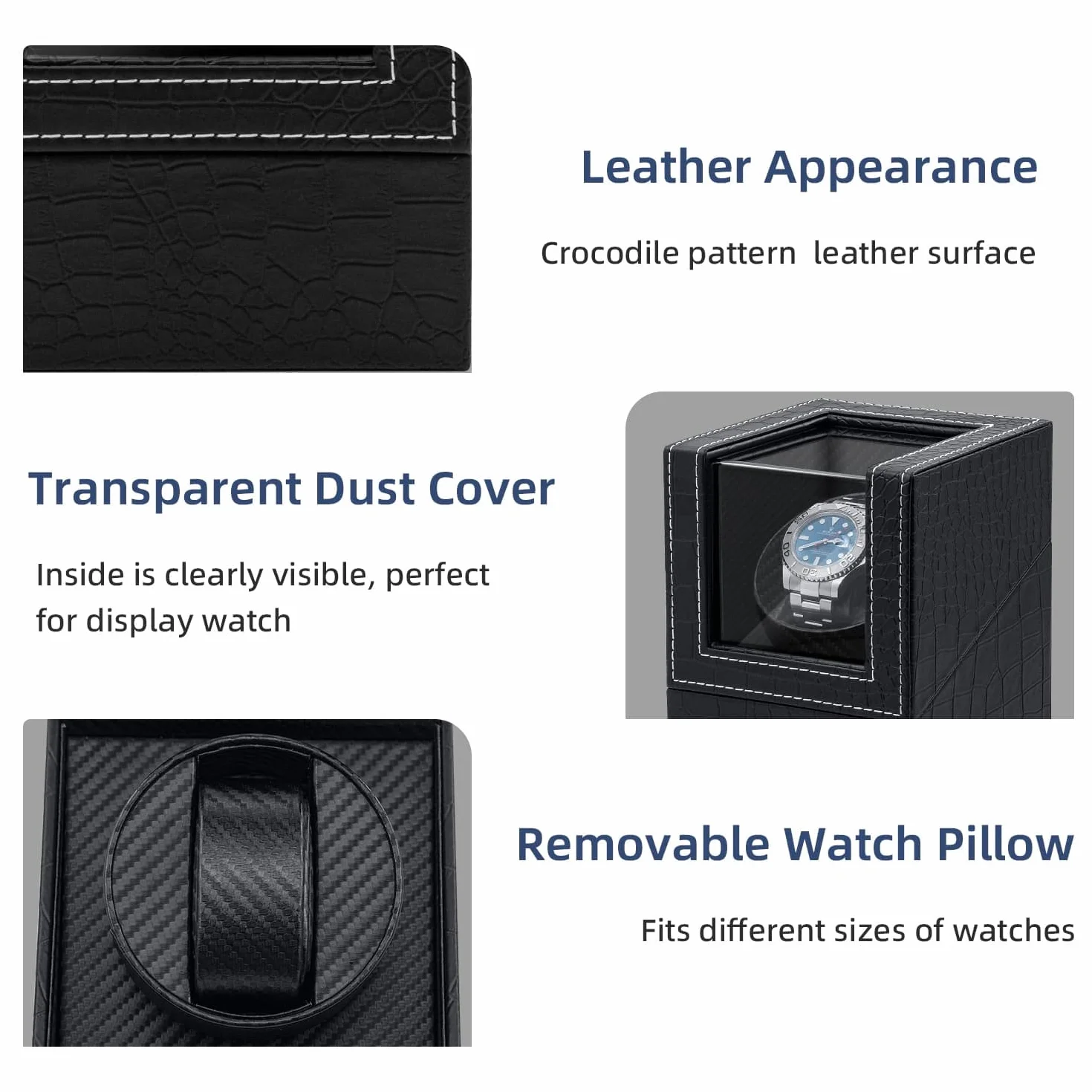 Mcbazel Scatola Carica Orologio Automatici, Scatola Avvolgitore per orologi 1 Slot Crocodile Pelle Pattern Accessori per Custodie per Orologi con Spina Europea - Nero