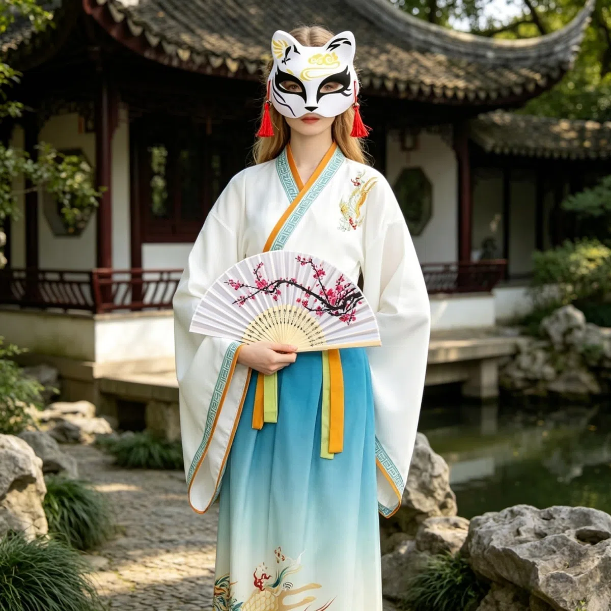 Cinese Hanfu Abito Donna, Set di Costumi Tradizionali Cinese, Manica Allentata Ricamato Hanfu per Orientale Cosplay Festa Quotidiana Spettacolo (con Accessori)