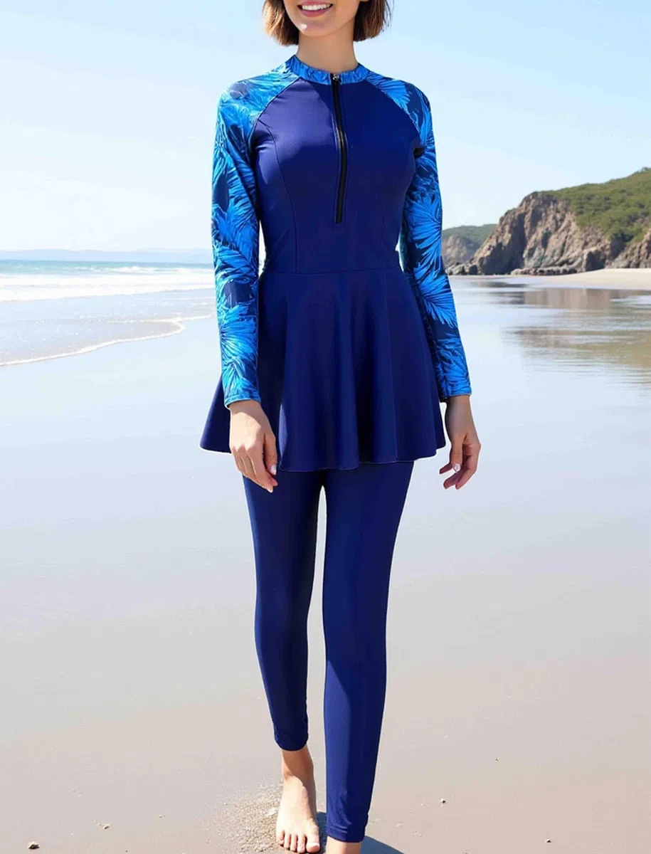 Costume da bagno musulmano da donna, 2 pezzi, modesto, a maniche lunghe, con pantaloni, tankini, costume da bagno a lunghezza intera, rash guard