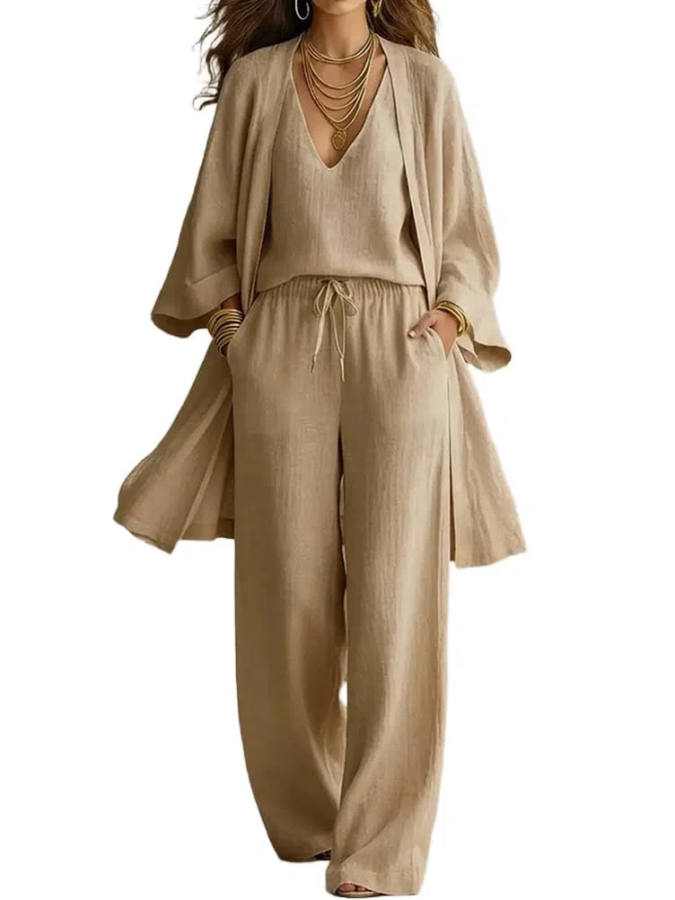 shownicer Completo Donna Estivo Lino Tuta Tre Pezzi Set Manica Lunga Curvy Completo in Lino