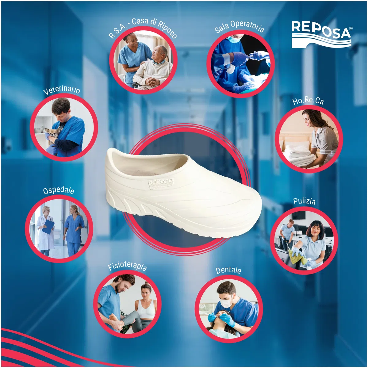REPOSA Smart PRO - Scarpe Sanitarie Donna e Uomo in Gomma con Chiusura Tallone e Solette, Zoccoli Sanitari Donna e Uomo Sterilizzabili e Antishock, Scarpe da Lavoro Sanitario Comode e Anatomiche