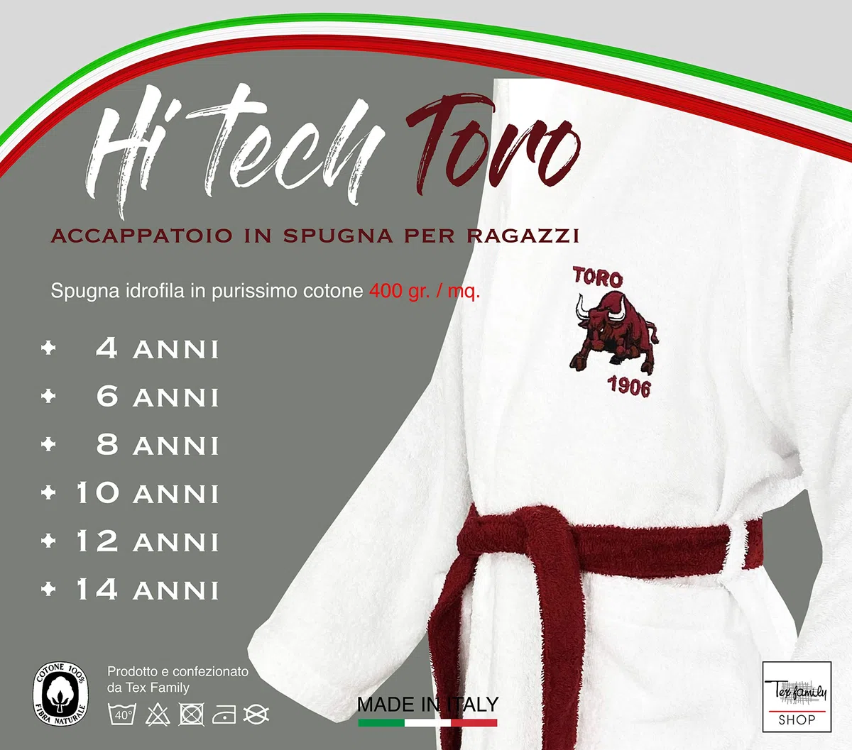 Tex family Accappatoio Toro Torino Calcio Bimbo Bambino Ragazzo in Spugna di Puro Cotone Made in Italy - 12 Anni