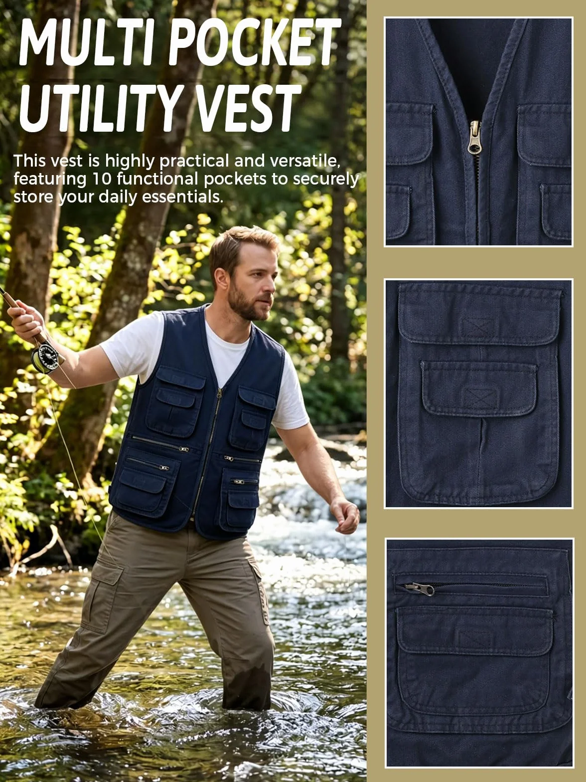 Gilet da Pesca di cotone da Uomo All'aperto con 10 Tasche Veste Leggero Traspirante Multitasche Panciotto per Caccia Pesca Tempo Libero Fotografi
